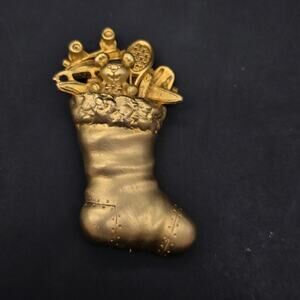 Vintage Christmas Stocking Brooch Gold Tone Toys Signed AS